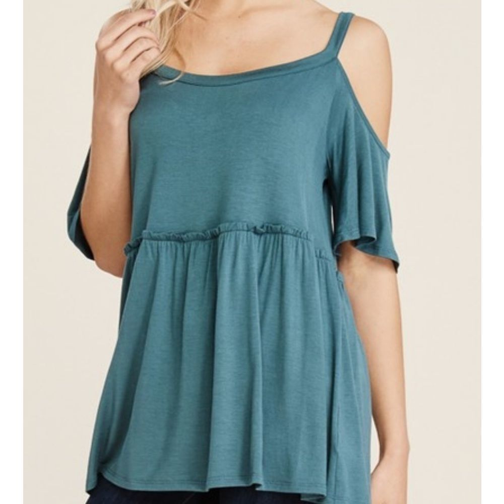 OPEN Shoulder Teal Top